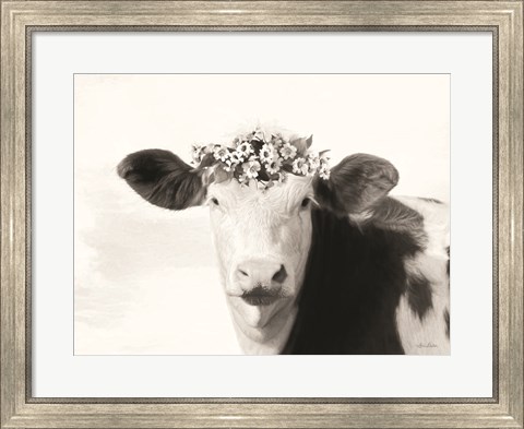 Framed Spotted Cow with Flowers Print