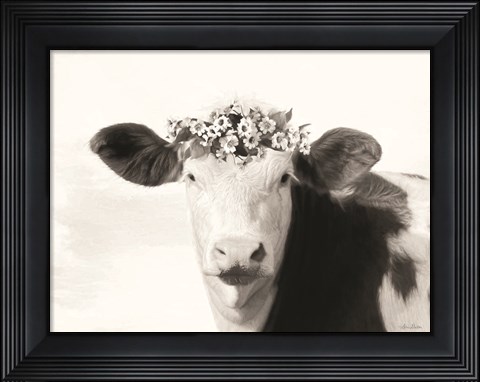 Framed Spotted Cow with Flowers Print