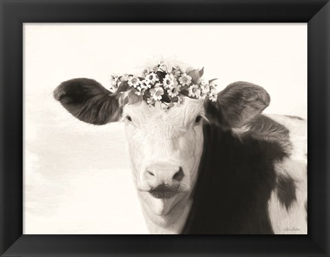 Framed Spotted Cow with Flowers Print