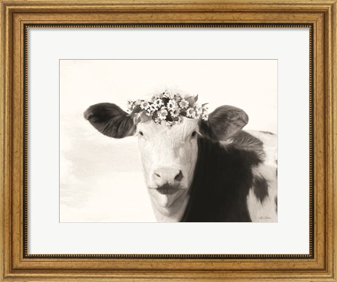 Framed Spotted Cow with Flowers Print