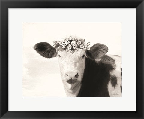 Framed Spotted Cow with Flowers Print