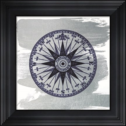 Framed Brushed Midnight Blue Compass Rose Print