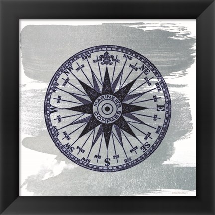 Framed Brushed Midnight Blue Compass Rose Print