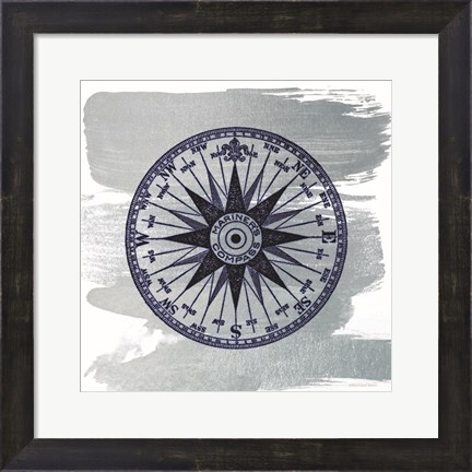 Framed Brushed Midnight Blue Compass Rose Print