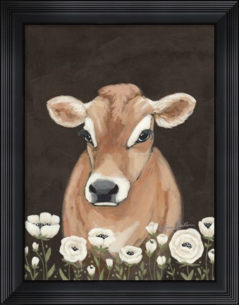 Framed Cow With Flowers Print
