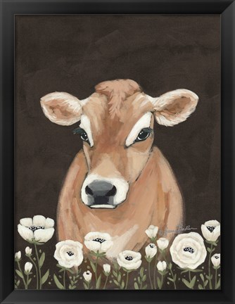 Framed Cow With Flowers Print