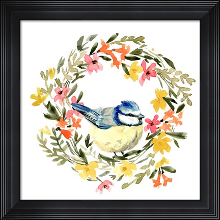 Framed Springtime Wreath &amp; Bird I Print