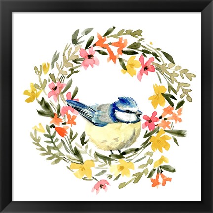 Framed Springtime Wreath &amp; Bird I Print