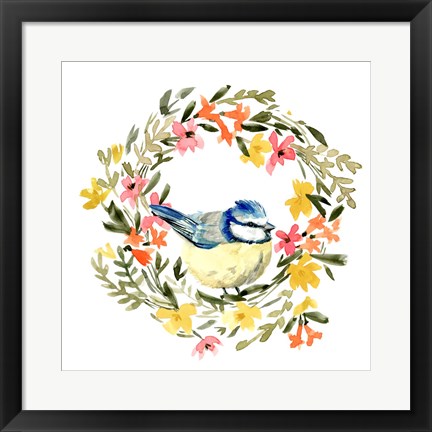 Framed Springtime Wreath &amp; Bird I Print