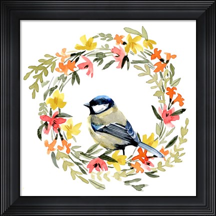 Framed Springtime Wreath &amp; Bird II Print