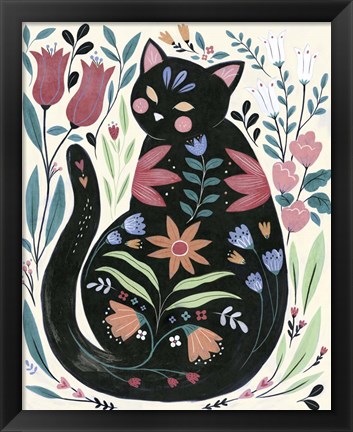 Framed Folksy Feline I Print