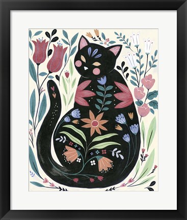 Framed Folksy Feline I Print