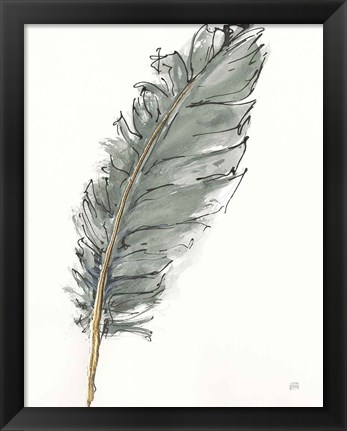 Framed Gold Feathers VII Green Print