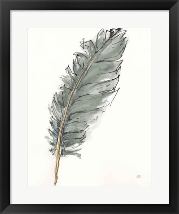 Framed Gold Feathers VII Green Print