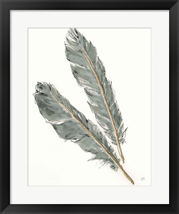 Framed Gold Feathers III Green Print