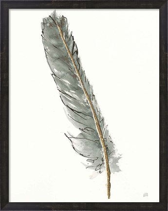 Framed Gold Feathers II Green Print