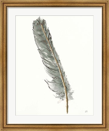 Framed Gold Feathers II Green Print