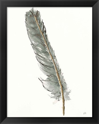 Framed Gold Feathers II Green Print