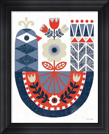 Framed Folk Lodge Bird Red Navy Print
