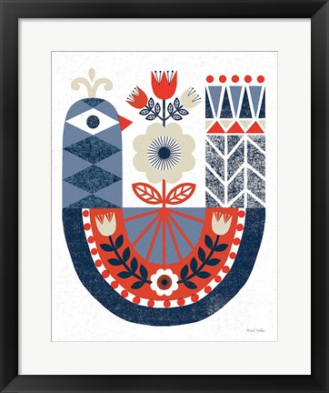 Framed Folk Lodge Bird Red Navy Print