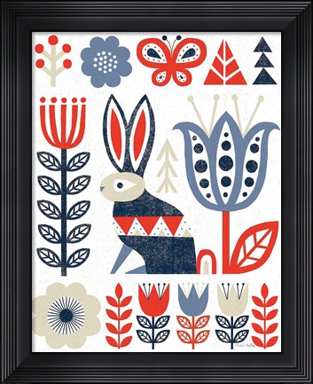Framed Folk Lodge Rabbit Red Navy Print