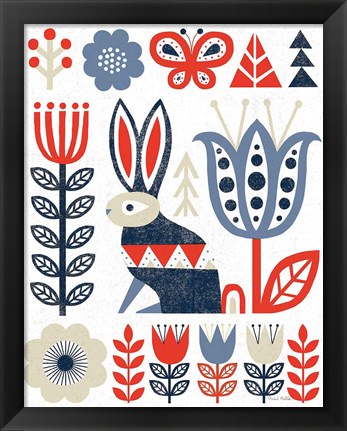 Framed Folk Lodge Rabbit Red Navy Print