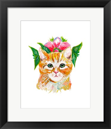 Framed Cat with Flower Crown Print