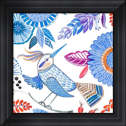 Framed Bird with Flowers I Print
