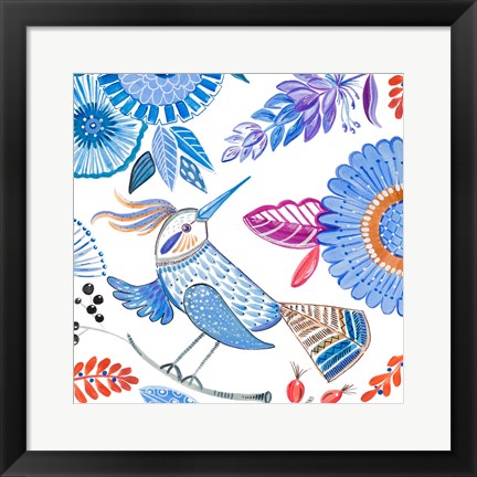 Framed Bird with Flowers I Print