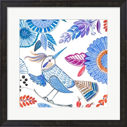 Framed Bird with Flowers I Print