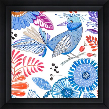 Framed Bird with Flowers II Print