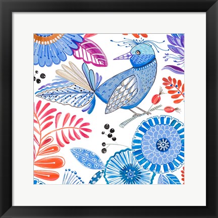 Framed Bird with Flowers II Print