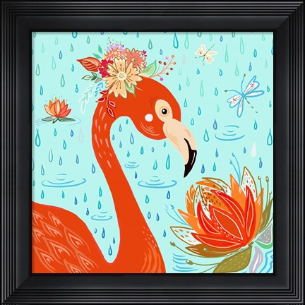 Framed Flamingo in the Rain Print