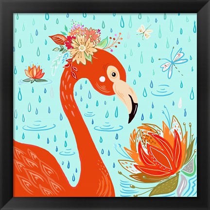 Framed Flamingo in the Rain Print