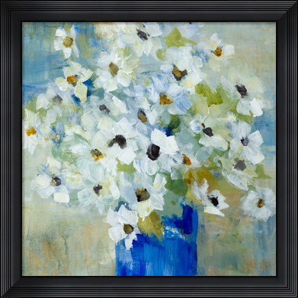 Framed Pop of White Flowers in Blue Vase Print