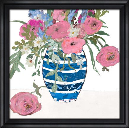 Framed Blue Vase of Pink Roses Print