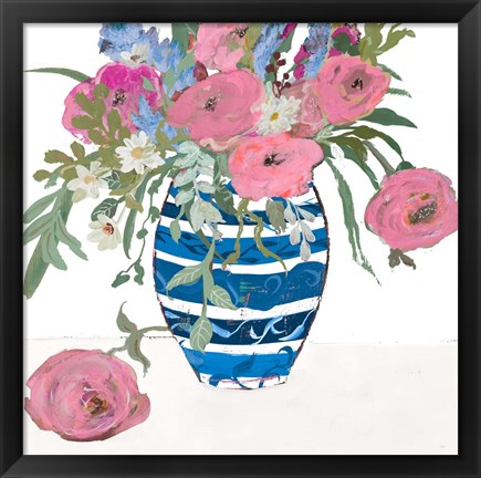 Framed Blue Vase of Pink Roses Print