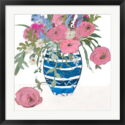 Framed Blue Vase of Pink Roses Print