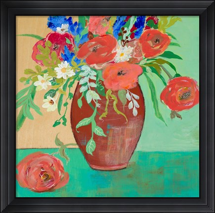 Framed Vase of Peach and Blue Roses Print