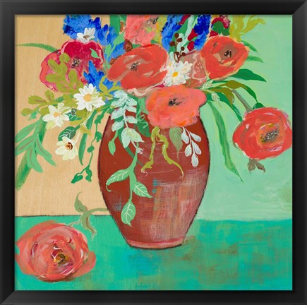 Framed Vase of Peach and Blue Roses Print