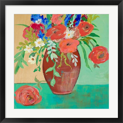 Framed Vase of Peach and Blue Roses Print