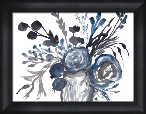 Framed Blue Roses in Grey Vase Print