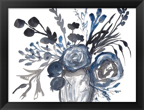 Framed Blue Roses in Grey Vase Print