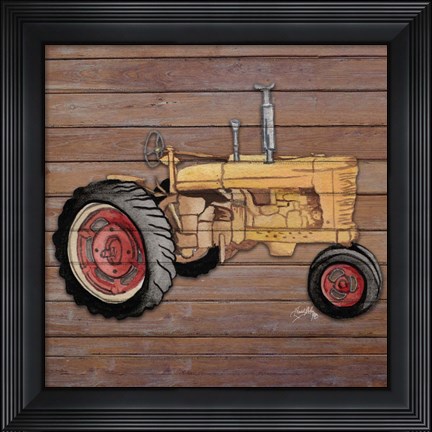 Framed Tractor on Wood I Print