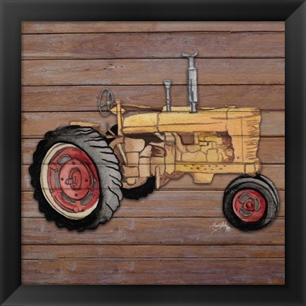 Framed Tractor on Wood I Print