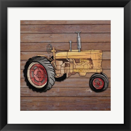 Framed Tractor on Wood I Print