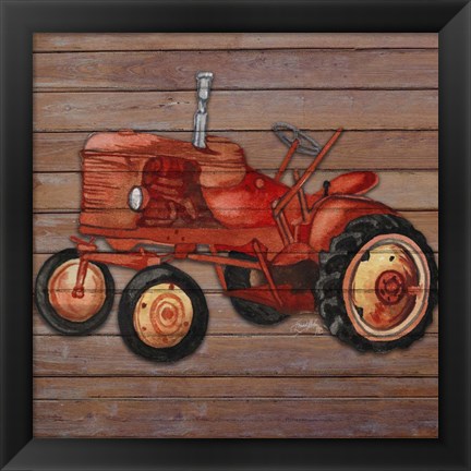 Framed Tractor on Wood II Print