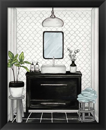 Framed Modern Black and White Bath II Print