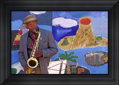 Framed Black Jazz Street Performer, San Fransisco Print