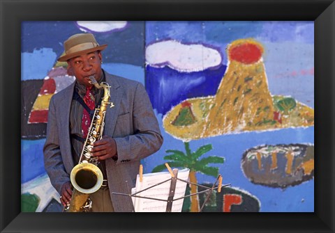 Framed Black Jazz Street Performer, San Fransisco Print